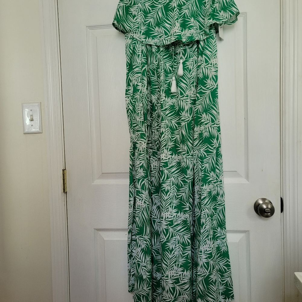 Japna Tropical Botanical Leaf Print  Strapless Maxi  Dress with Slit Size MS